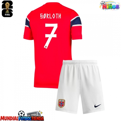 Camiseta Noruega Alexander Sorloth #7 Primera Equipación Replica Mundial 2026 para niños mangas cortas (+ Pantalones cortos)